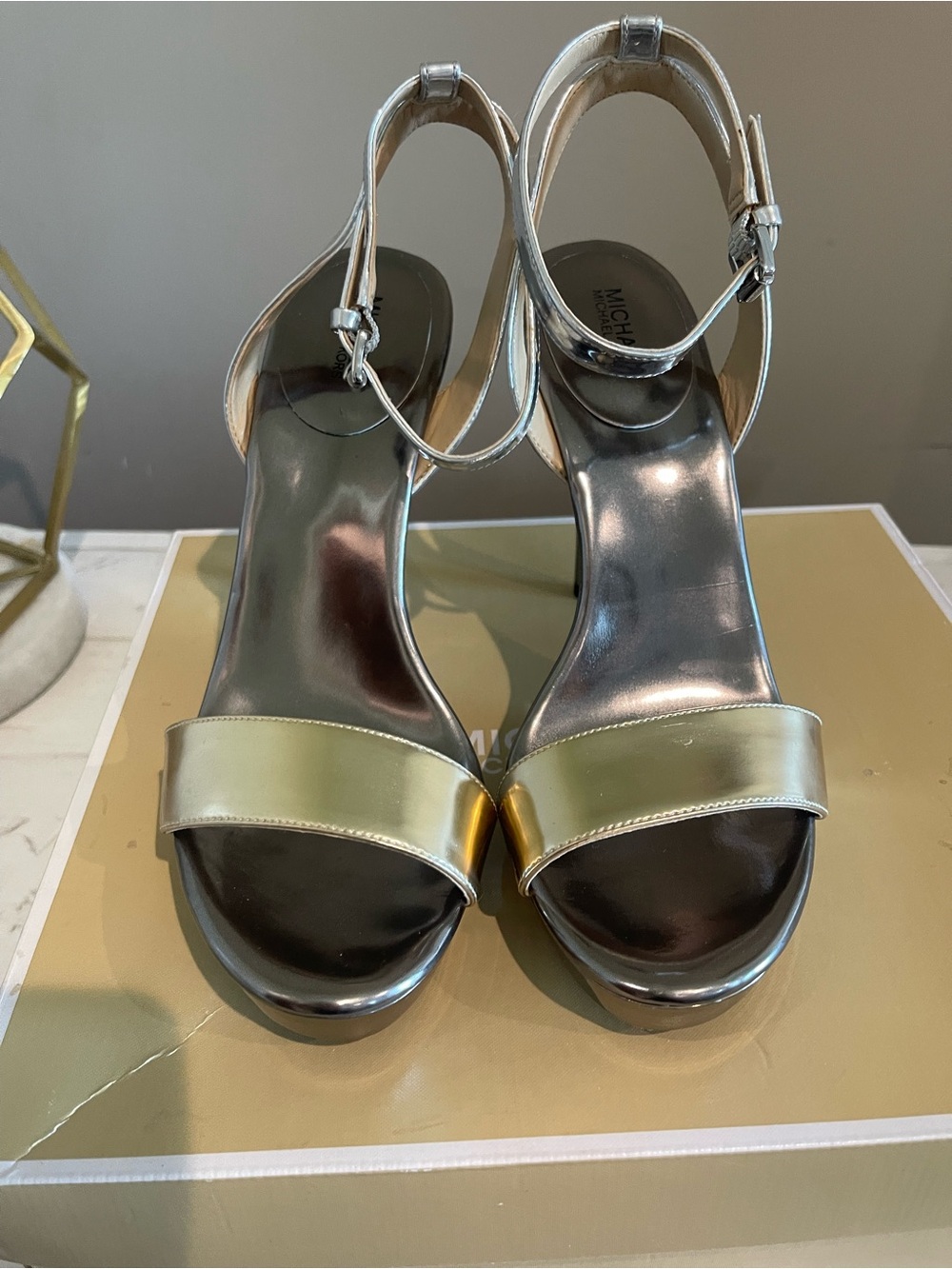 MICHAEL Michael Kors Gold and Silver Metallic Open-Toe Ankle-Strap Heels
